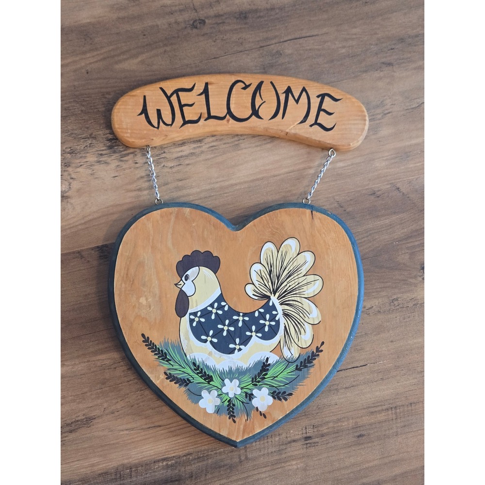 Vintage Folk Art Wooden Welcome Sign Rooster Heart Wall Hanging Country Decor